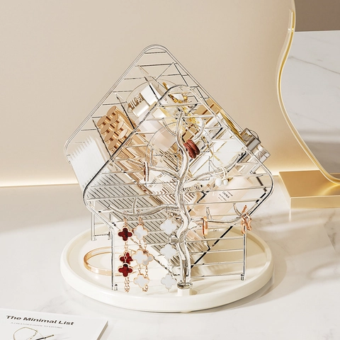 Rotating Makeup Organizer Cosmetic Storage Box Jewelry Holder Vanity Display Rack Luxury Plastic Metal Multi Functional