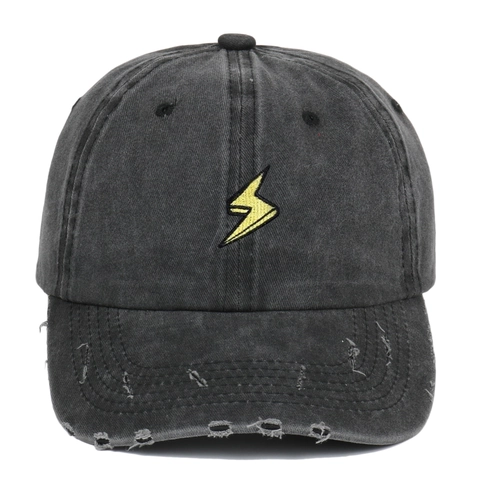 Cappello Da Baseball In Cotone Lavato Consumato Ricamo Fulmine Vintage Retrò Bordo Sfrangiato Regolabile Dad Hat Unisex