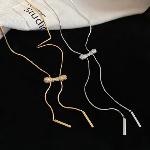 Geometric Pendant Lariat Necklace Copper With Cubic Zirconia 18K Gold Plated Adjustable Y Shape Snake Chain Women Jewelry