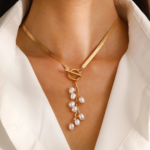 Collana Con Pendente Nappa Künstliche Perle Imitazione Barocca Da Donna Catena Serpente In Lega Con Chiusura A Gancio Retrò