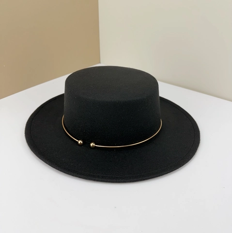 Vintage Flat Top Boater Hat Elegant Wool Felt Jazz Panama Style With Gold Metal Ring Decoration For Women