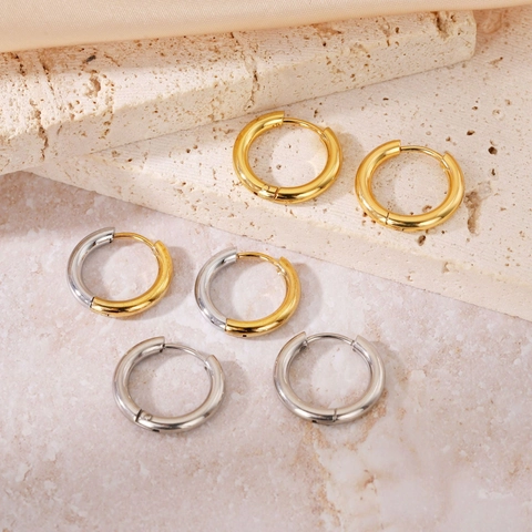 Minimalist Round Hoop Earrings Two-Tone Gold Silver Plated Titanium Steel Hypoallergenic Geometric Ear Buckles For Women