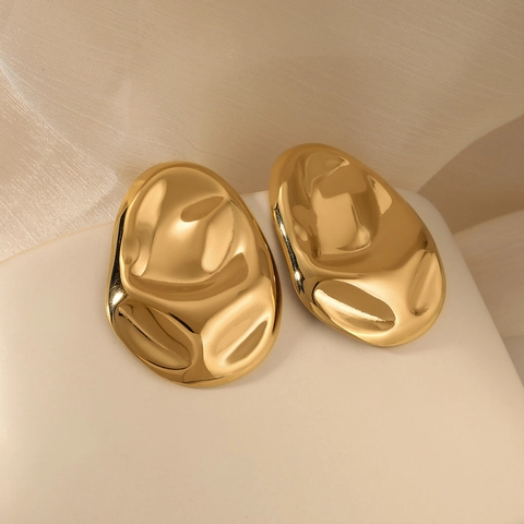 Irregular Crinkled Oval Stud Earrings 316 Stainless Steel PVD Gold Plated Melted Lava Texture Mirror Polish Minimalist
