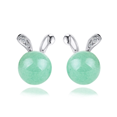 S925 Sterlingsilber Süße Hase Ohrstecker Für Damen Mit Grüne Aventurin-Jade Und Strass Eingelegte Tier Modeschmuck
