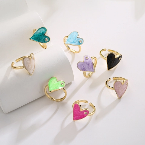 Herzförmiger Offener Ring Kupfer 18K Vergoldet Emaille Marmor Textur Zirkonia Eingelegt Verstellbarer Schmuck Für Frauen