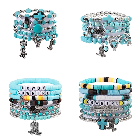 Bohemian Multi-layer Bracelet Turquoise Alloy Bull Head Cactus Charms Soft Clay Western Cowboy Style Women Ethnic Jewelry