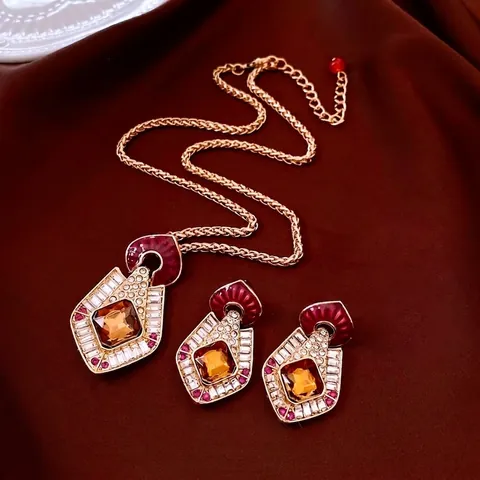 Parure Collana E Orecchini Geometrici Vintage Lega Strass Pietra Ambra Con Perno In Argento Per Donna