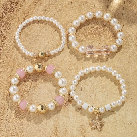 Bohemian Multilayer Beaded Bracelet Set For Women Starfish Artificial Pearl Glass Beads Alloy Jewelry Beach Stretch Bracelet