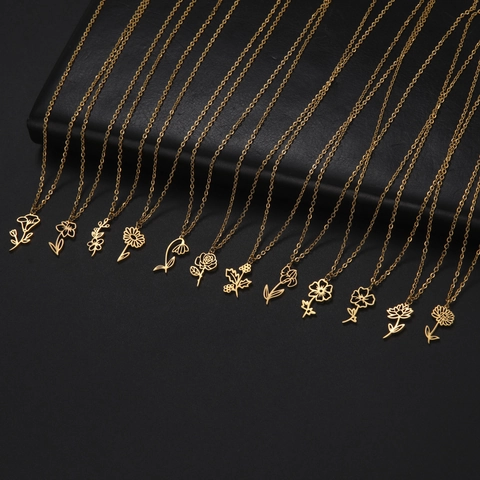 Birth Flower Necklace Stainless Steel 12 Month Floral Pendant Necklace Gold Silver Plated Birthday Gift For Women Jewelry