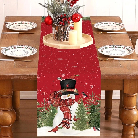 Kerst Tafelloper Rood Polyester Sneeuwpop Vogel Dennenboom Voor Feestelijke Eettafel Decoratie Vakantie Ornament