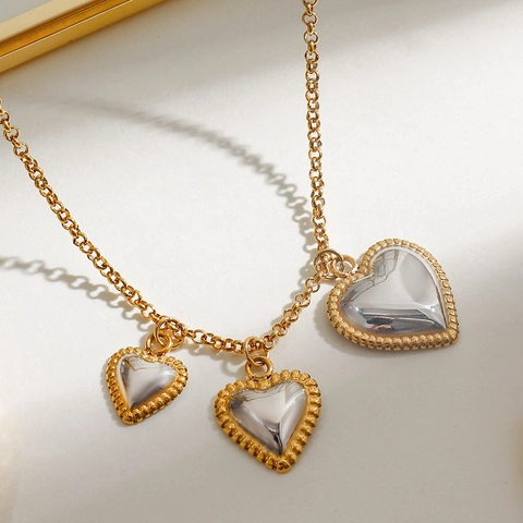 Collana In Acciaio Inossidabile Con Tre Pendenti Cuore Bicolore Oro Argento Bordi Trama Gioielli Ipoallergenici Donna