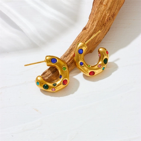 Vintage C-Shaped Hoop Earrings Stainless Steel With Colorful Zircon 18K Gold Plated Hypoallergenic Jewelry For Unisex
