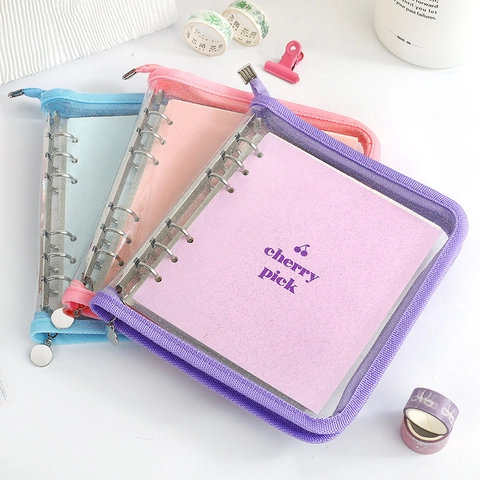 Square Glitter Clear PVC Loose Leaf Binder Notebook With Zipper Closure For DIY Student Journal Planner Cherry Pattern Cute Kawaii Stationery