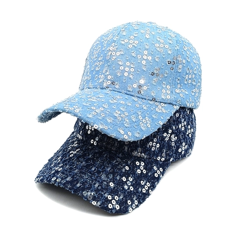 Casquette De Baseball En Jean Pour Femmes Avec Paillettes Argentées Motif Floral Bord Effiloché Vintage Chapeau Soleil