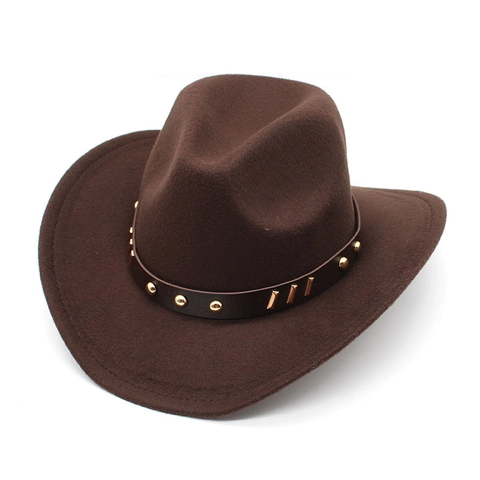 Western Cowboy Hat Wide Brim Woolen Felt Fedora With Leather Belt Metal Rivets Vintage Jazz Cap Outdoor Travel For Men Women