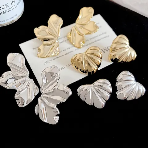 Metallic Acrylic Heart Leaf Pendant Stud Earrings With 925 Sterling Silver Earring Post Textured Fashion Jewelry Women