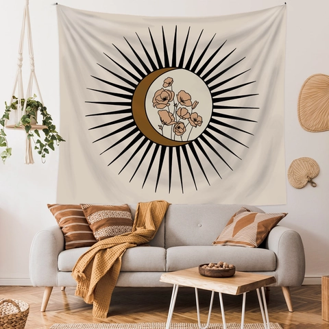 Bohemian Tapestry Wall Hanging Polyester Sun Moon Floral Print Boho Aesthetic Decorative Background Cloth For Bedroom Living Room