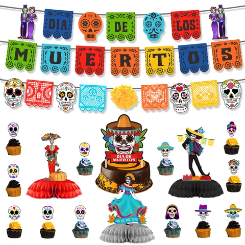 Decorazioni Festa Giorno Dei Morti Messicano Dia De Muertos Banner Carta Palloncini Lattice Centrotavola Nido Ape Topper Torta Teschio