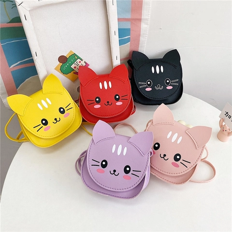 Cute Cartoon Cat Kids Crossbody Bag PU Leather Mini Shoulder Purse Animal Shaped Fashion Accessory For Toddler Girls