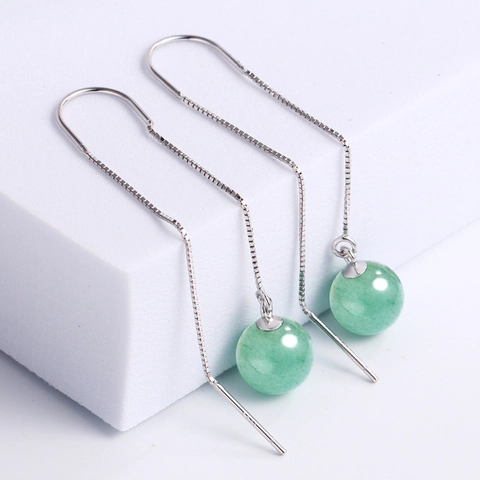 925 Sterling Silber Lange Quasten Ohrring Ohrfäden Mit Aventurin Jade Perlen Elegante Retro Schmuck Für Damen