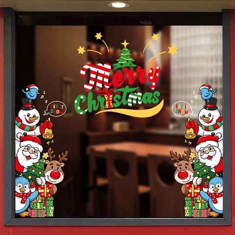 Christmas Window Stickers Static Cling PVC Cartoon Santa Reindeer Snowman Glass Decals For Shop Home Holiday Festive Decor