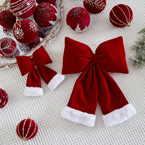 Christmas Tree Velvet Bows And Flocking Balls Hanging Ornaments With Faux Fur Trim For Holiday Party Home Decoration