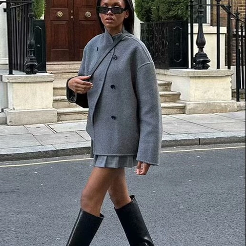 Women Woolen Texture Coat Double Breasted Stand Collar Elegant British Style Autumn Winter Outerwear Jacket Polyester