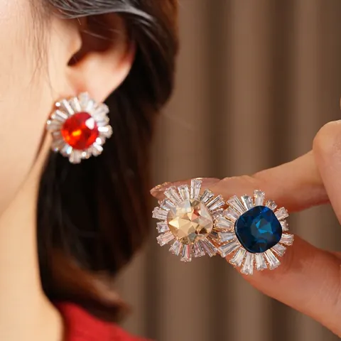 Sunflower Stud Earrings Copper Zircon With 925 Sterling Silver Earring Post Vintage Elegant Jewelry For Women