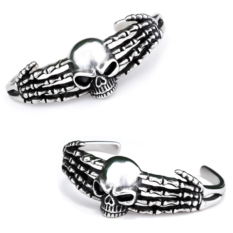 Skull Hand Bone Cuff Bangle Stainless Steel Gothic Punk Vintage Oxidized Silver Adjustable Open Jewelry Men Women