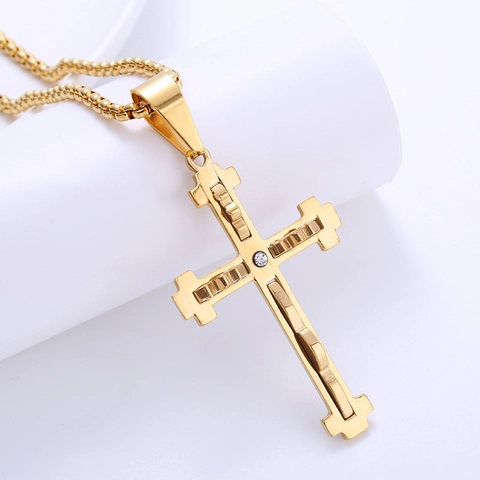 Collana Con Pendente A Croce Hip Hop Acciaio Inossidabile 316L Strass Incastonato Catena Box Stile Di Strada Religioso Unisex