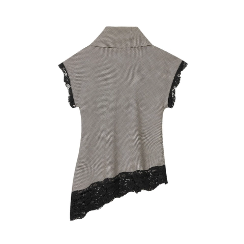 Women Houndstooth Stand Collar Sleeveless Top Lace Trim Asymmetric Hem Elegant Streetwear Polyester Casual Blouse