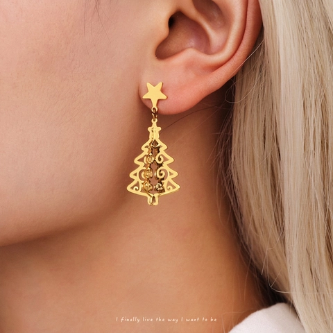 Christmas Tree Earrings Stainless Steel Star Top Hollow Out Festive Holiday Party Jewelry Gift For Women