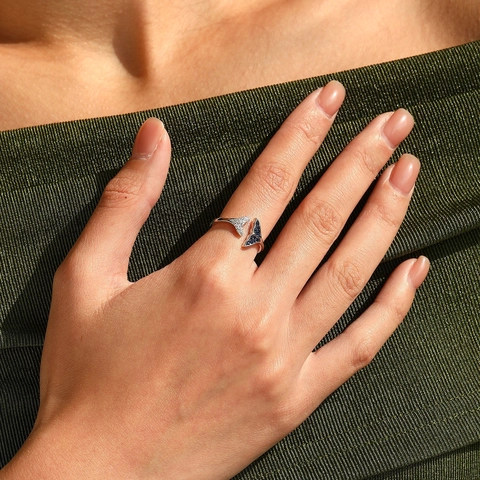 S925 Sterlingsilber Meerjungfrauenflosse Offener Ring Für Frauen Cool-Stil Eingelegtes Blau Weißes Zirkonia Schmuck Geschenk