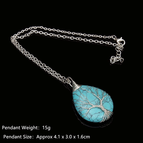 Tree Of Life Necklace Pendant Teardrop Crystal Natural Stone Wire Wrapped Copper Healing Bohemian Vintage Jewelry Women