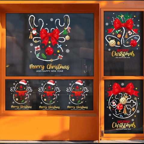 Christmas Window Clings PVC Static Cling Reindeer Snowman Bell Decals For Shop Glass Door Home Holiday Decor