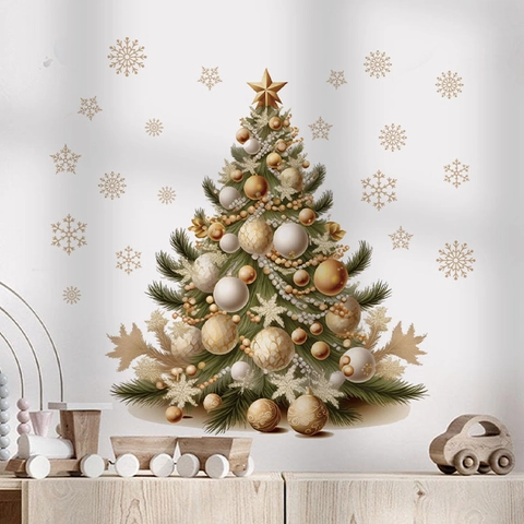 Christmas Tree Wall Stickers PVC Waterproof Removable Reusable Festive Snowflake Decals For Living Room Window Decor