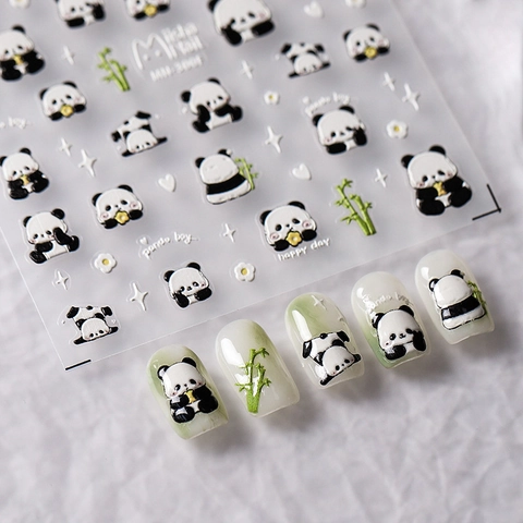Autocollants Art Des Ongles Panda Mignon Motif Bambou Étoile Relief Décalcomanies Adhésives Pour Décoration Manucure