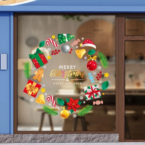 Christmas Wreath Window Sticker Static Cling PVC Reversible Festive Decor Gingerbread Man Bell For Shop Home Display
