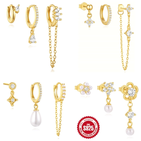 Juego de Pendientes de Plata de Ley 925 para Mujer Pendientes Geométricos de Pétalos de Flores con Borla y Strass Oro Perla Artificial