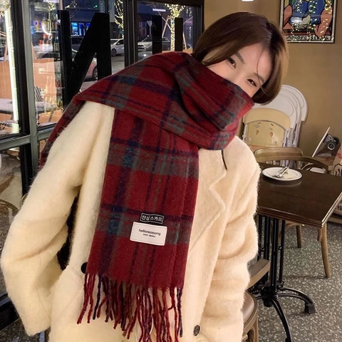 Écharpe d'Hiver à Carreaux pour Femmes Épaisse Chaude Rétro Châle à Glands Écharpe Souple en Polyester pour Temps Froid