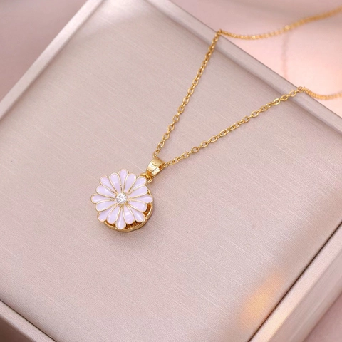 Rotating Daisy Flower Stainless Steel Necklace Earrings Bracelet Ring Gold Plated Zirconia Enamel Petal Floral Jewelry