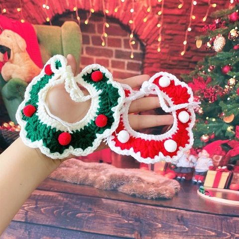 Christmas Pet Collar Scarf Hand Crocheted Knitted Soft Bib For Cats Small Dogs Red Green Holiday Costume Accessories
