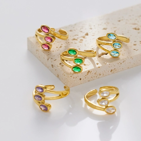 Multi Layer Open Ring Stainless Steel With Oval Colorful Cubic Zirconia Adjustable Multi Strand Jewelry For Women