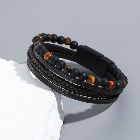 Men Multilayer Beaded Bracelet Natural Stone Volcanic Rock Tiger Eye Braided Leather With Magnetic Clasp Fashion Jewelry