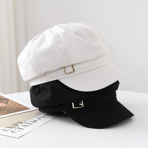 Gorra Newsboy Retro Mujer Algodón Lino Color Sólido Sombrero Octogonal Con Hebilla Metálica Ajustable Moda