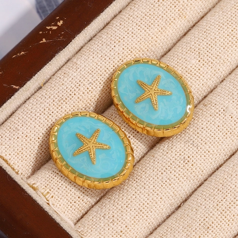 Starfish Stud Earrings Women Stainless Steel 18K Gold Plated Oval Blue Enamel Marine Ocean Theme Vintage Retro Style