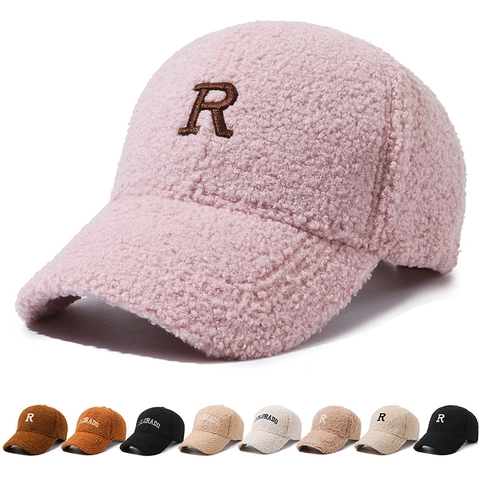 Berretto Da Baseball In Lana D'agnello Inverno Caldo Teddy Fleece Ricamo Lettera Casuale Regolabile