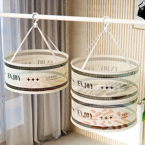 Hanging Drying Basket Breathable Mesh Foldable Windproof Flat Dryer For Sweaters Socks Delicate Clothes Cream Color