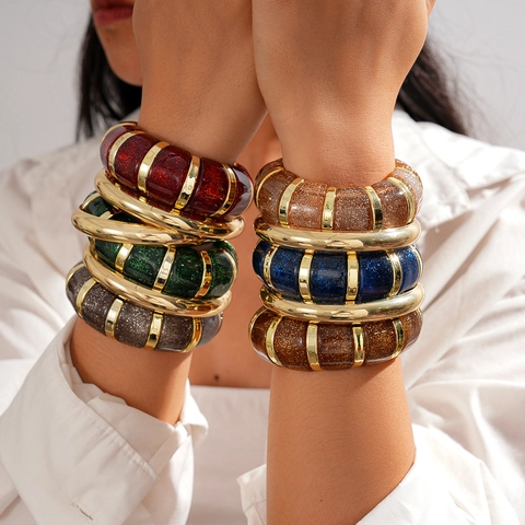 Bohemian Exaggerated Acrylic Resin Bangle Bracelet For Women Retro Spliced Elastic Glitter Gold Sand Jewelry