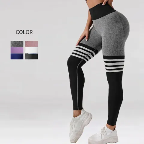 Leggings Yoga A Vita Alta Da Donna A Righe Senza Cuciture Controllo Pancia Sollevamento Glutei Pantaloni Sportivi Nylon Spandex